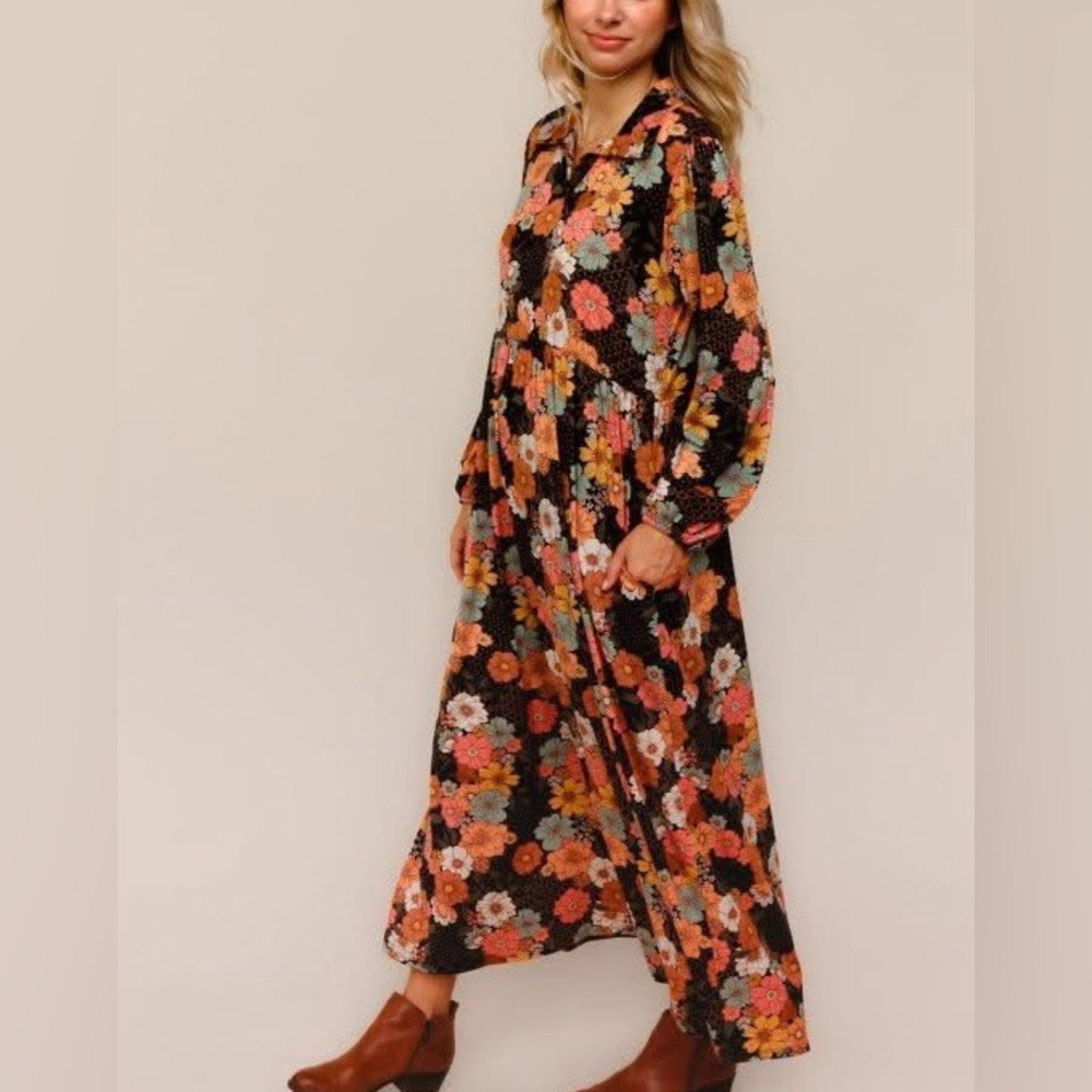 Boho Collared Notch Neck Babydoll Fit & Flare Maxi Dress